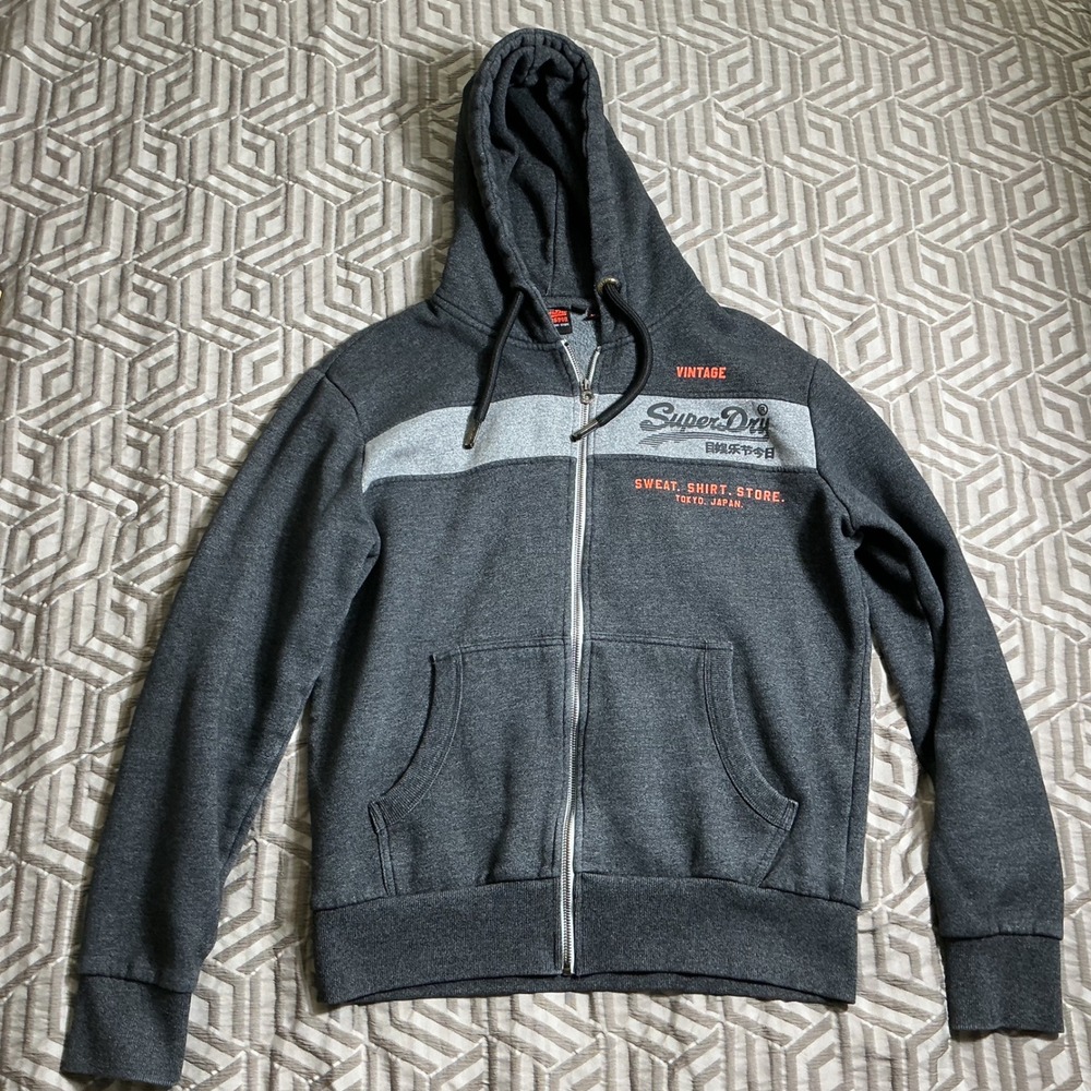 Superdry Zip Up Hoodie Womens XL Charcoal Dark Grey Vintage Graphic Fleece Lined